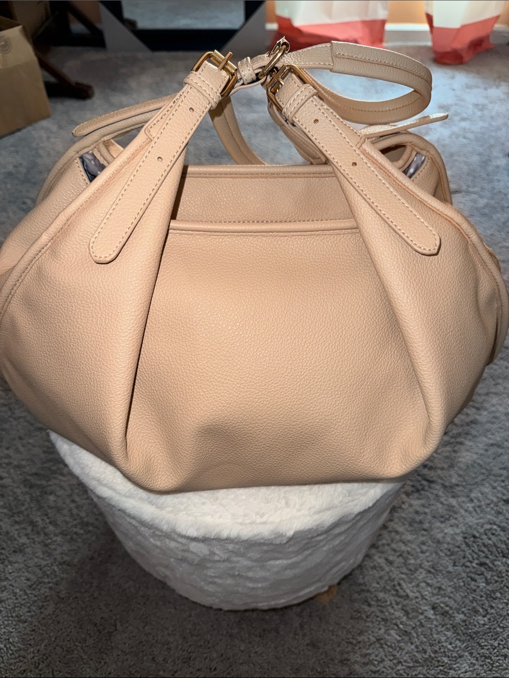 Pebbled Leather Hobo Bag in Light Beige